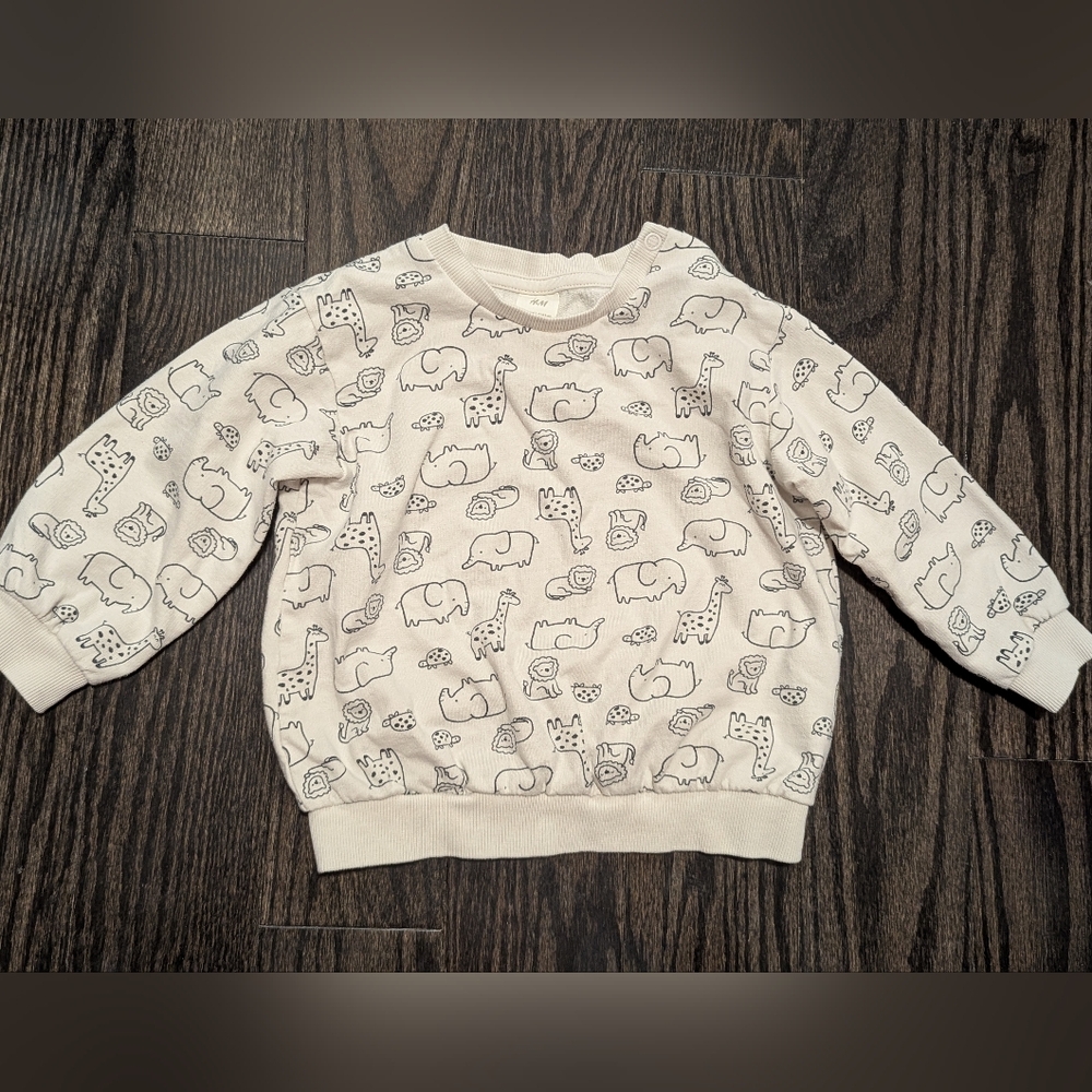 2/$20 H&M Baby Sweatshirt 18M Animal Print Organic Cotton Neutral Snap Shoulder